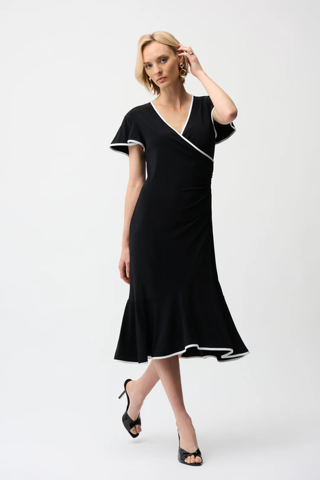 Joseph Ribkoff 261013 Black/Vanilla Contrast Trim Faux Wrap Dress