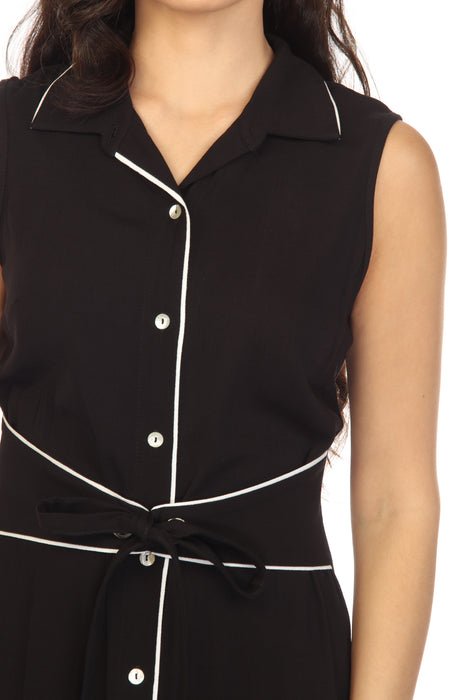 Joseph Ribkoff Black/Vanilla Contrast Trim Waist-Tie Button-Down Midi Shirt Dress 232239 NEW