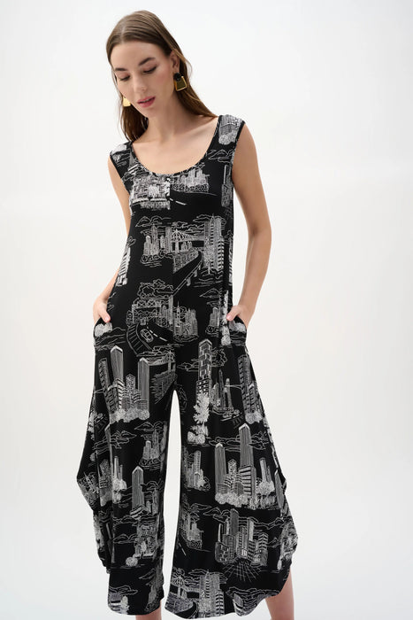 Joseph Ribkoff Black/Vanilla Printed Sleeveless Culotte Jumpsuit 262243
