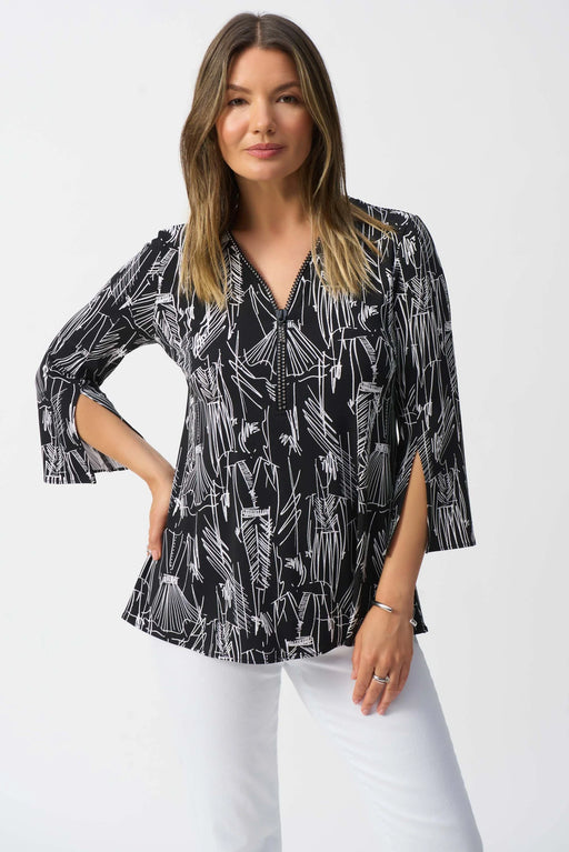 Joseph Ribkoff Style 251181 Black/Vanilla Sketch Print Zip Front Tunic Top