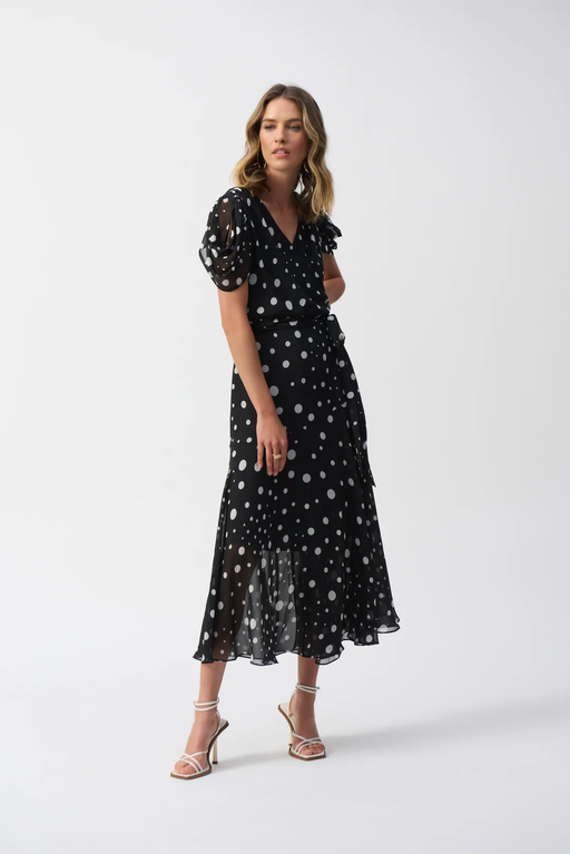 Joseph Ribkoff 251907 Black/Vanilla Dot Chiffon Belted Wrap Dress