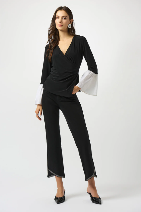 Joseph Ribkoff Black/Vanilla Faux Wrap 3/4 Bell Sleeves Tunic Top 253283