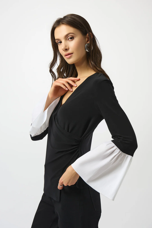 Joseph Ribkoff 253283 Black/Vanilla Faux Wrap 3/4 Bell Sleeves Tunic Top