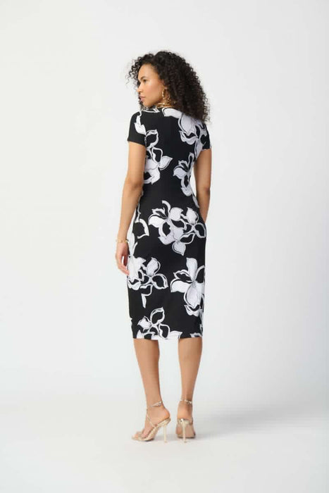 Joseph Ribkoff Black/Vanilla Floral Print Short Sleeve Faux Wrap Sheath Dress 241050