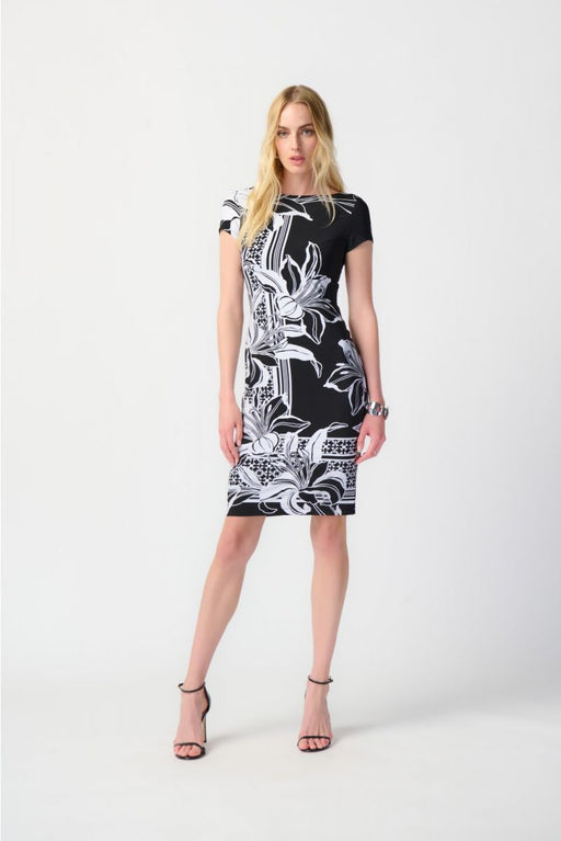 Joseph Ribkoff Style 241284 Black/Vanilla Floral Print Two-Tone Sheath Dress