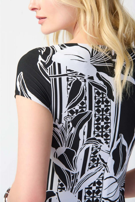 Joseph Ribkoff Black/Vanilla Floral Print Two-Tone Sheath Dress 241284