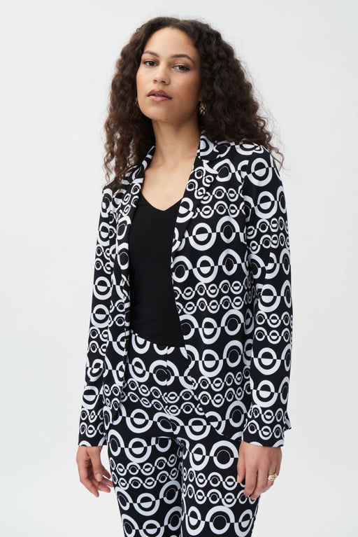 Joseph Ribkoff Style 231087 Black/Vanilla Geometric Print Open Front Blazer Jacket