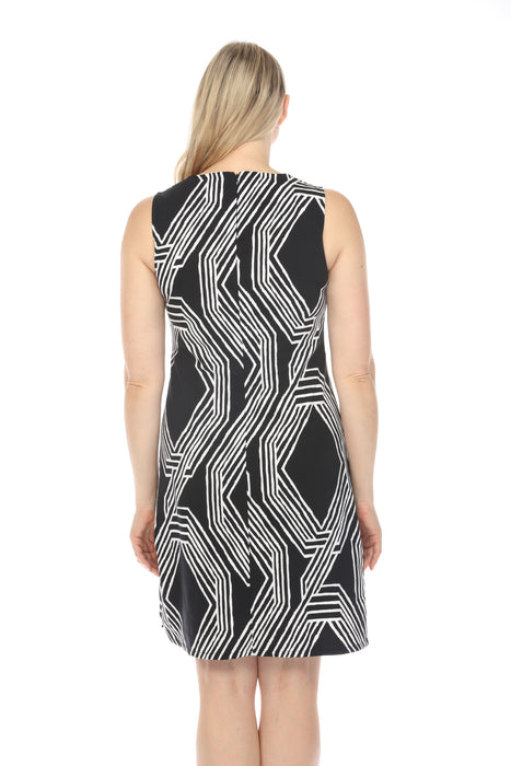 Joseph Ribkoff Black/Vanilla Geometric Print Shirred Sleeveless Sheath Dress 242114