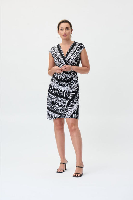 Joseph Ribkoff Style 231159 Black/Vanilla Mixed Animal Print Faux Wrap Dress