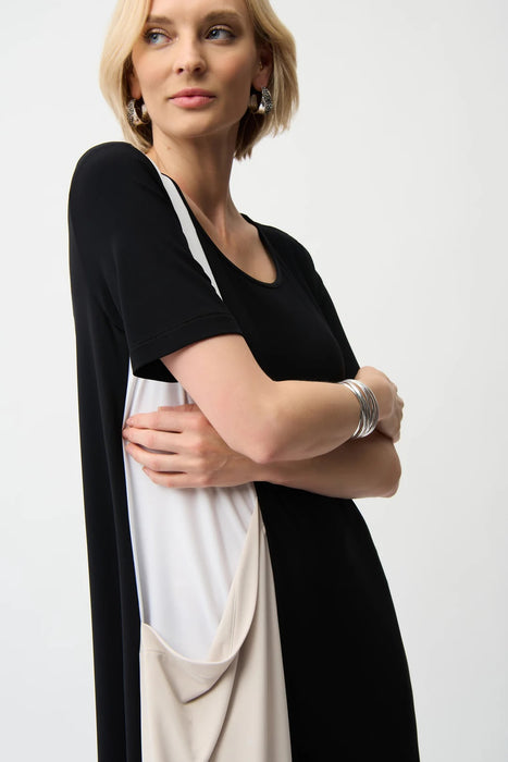 Joseph Ribkoff Black/Vanilla/Moonstone Color Block Cocoon Dress 261043