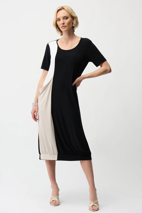 Joseph Ribkoff Black/Vanilla/Moonstone Color Block Cocoon Dress 261043