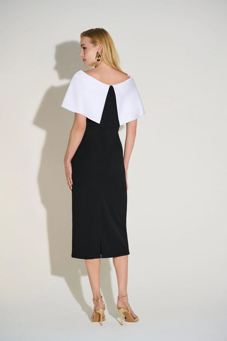 Joseph Ribkoff Black/Vanilla Off-Shoulder Satin Cape Sheath Dress 253726