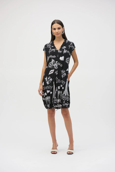 Joseph Ribkoff Style 252025 Black/Vanilla Paris Print Cap Sleeve Cocoon Dress