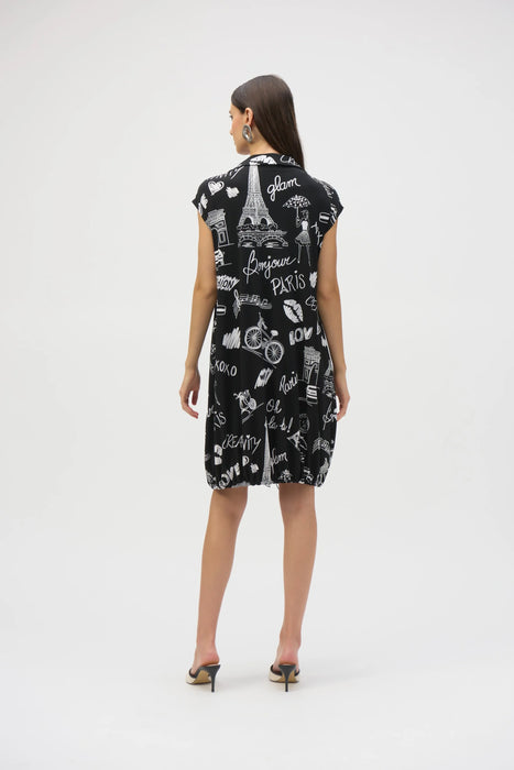 Joseph Ribkoff Black/Vanilla Paris Print Cap Sleeve Cocoon Dress 252025