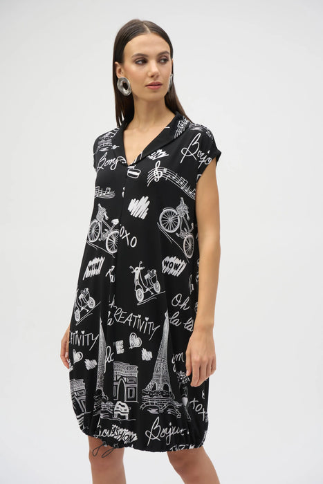Joseph Ribkoff Black/Vanilla Paris Print Cap Sleeve Cocoon Dress 252025