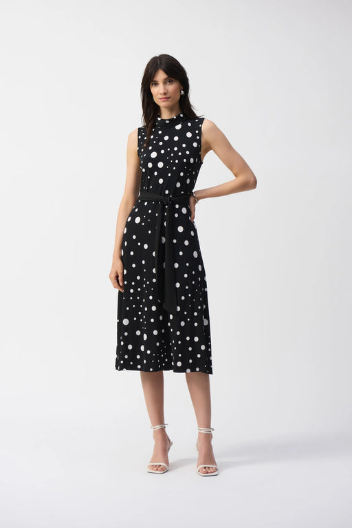 Joseph Ribkoff Style 251066 Black/Vanilla Polka Dot Belted Midi Dress