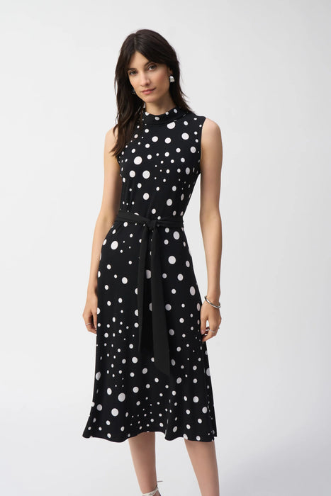 Joseph Ribkoff Black/Vanilla Polka Dot Belted Midi Dress 251066