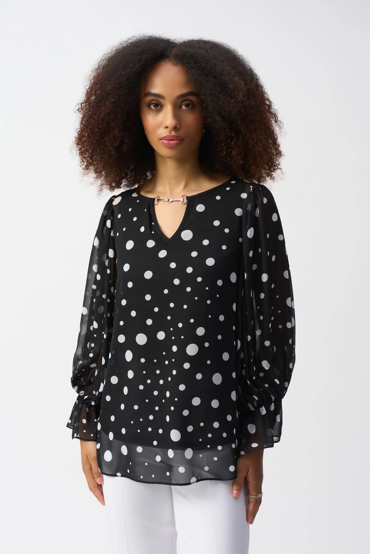 Joseph Ribkoff Black/Vanilla Polka Dot Puff Sleeve Chiffon Top