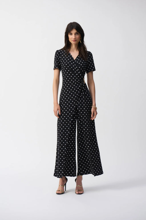Joseph Ribkoff Style 251008 Black/Vanilla Polka Dot Wrap Wide Leg Jumpsuit