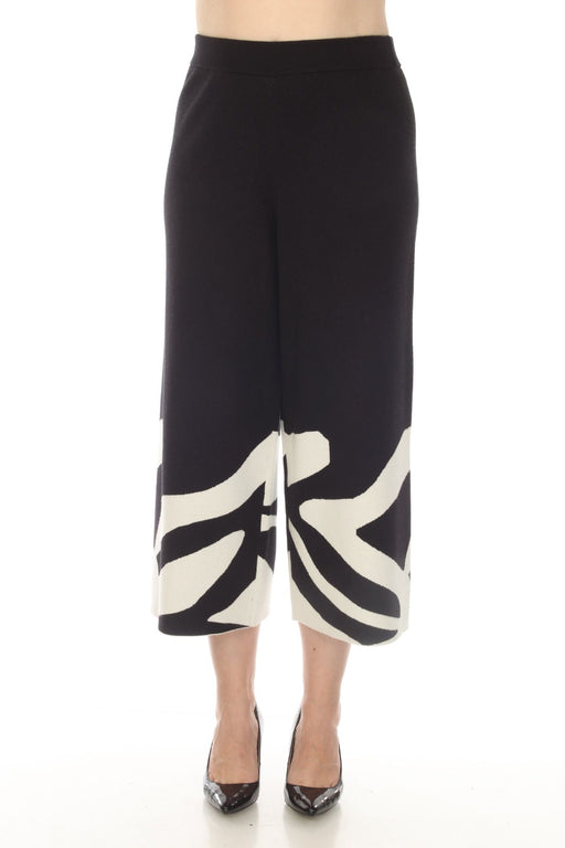 Joseph Ribkoff Style 233906 Black/Vanilla Animal Print Knit Pull On Cropped Wide Leg Pants