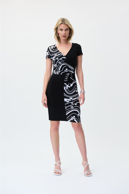 Joseph Ribkoff Style 231044 Black/Vanilla Printed Ruched Waist-Tie Sheath Dress