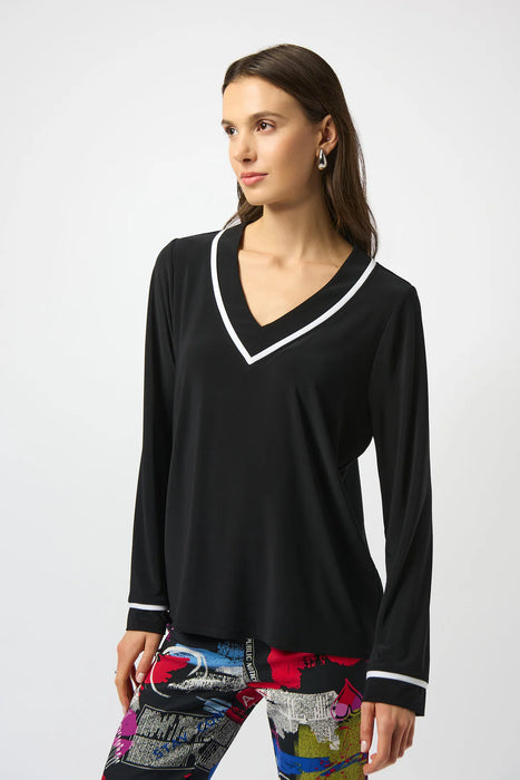 Joseph Ribkoff 253171 Black/Vanilla V-Neck Contrast Trim Straight Top