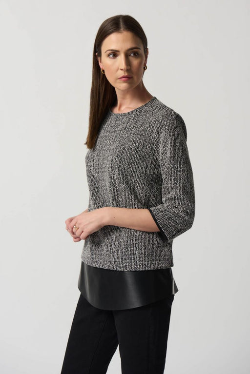 Joseph Ribkoff Style 233189 Black/White Faux Leather Trim 3/4 Sleeve Sweater Top