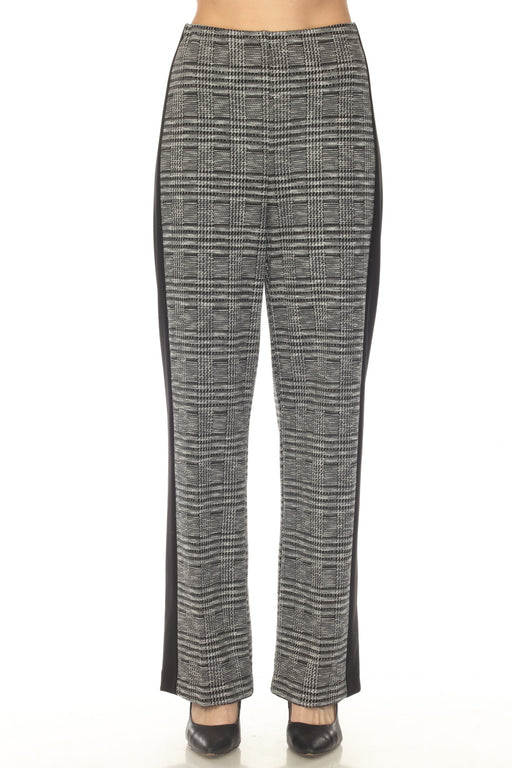 Woman wearing a black and white glen plaid jacquard pant with wide leg and solid side panel from Joseph Ribkoff