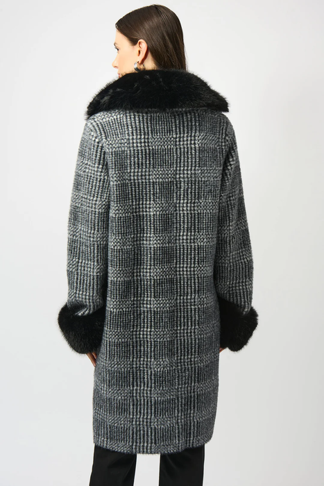 Joseph Ribkoff Black/White Plaid Print Faux Fur Coat 253900