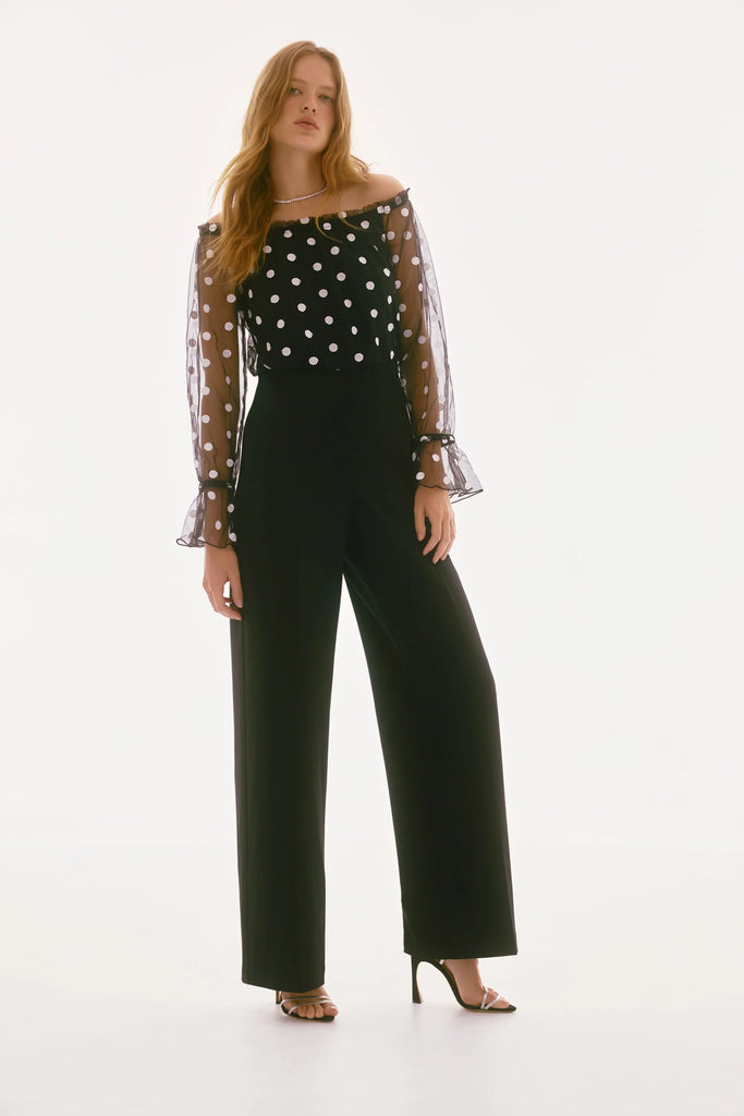 Joseph Ribkoff Black/White Polka Dot Off-Shoulder Jumpsuit 251708