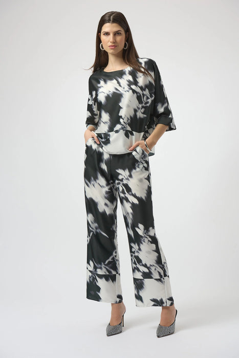 Joseph Ribkoff Black/Winter White Floral Satin Wide Leg Pant 254081