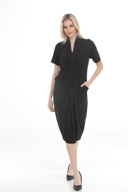 Woman wearing Joseph Ribkoff cocoon dress for modern office outfit