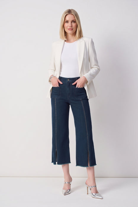 Woman wearing Joseph Ribkoff Dark Denim Blue Embellished Culotte Jean Pants for casual chic style