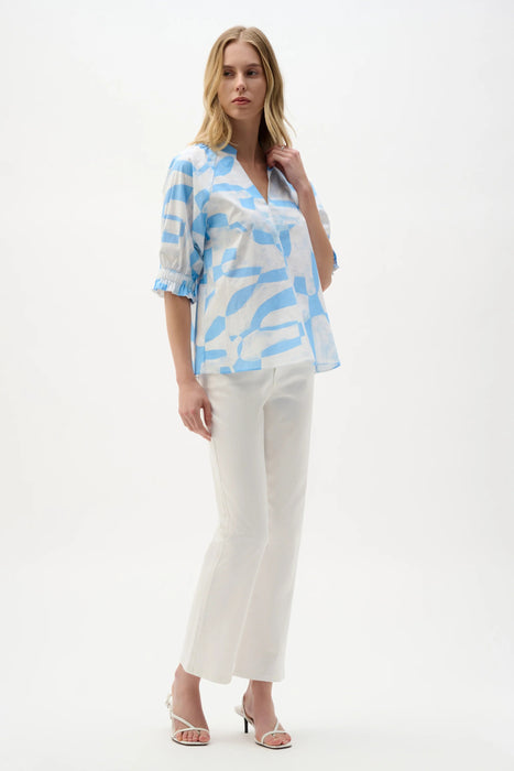 Joseph Ribkoff Blue/Beige Geometric Print Puff Sleeves Straight Top 262199