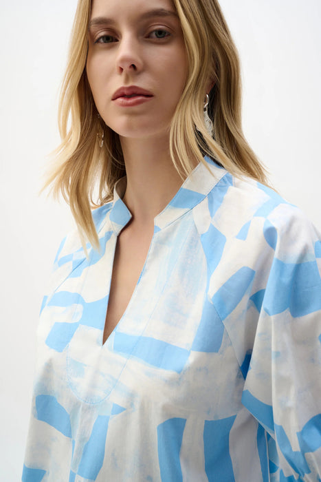Joseph Ribkoff Blue/Beige Geometric Print Puff Sleeves Straight Top 262199