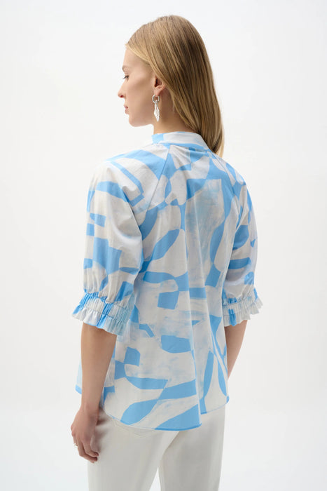 Joseph Ribkoff Blue/Beige Geometric Print Puff Sleeves Straight Top 262199
