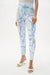Woman wearing a blue and beige geometric printed straight ankle pants with pull on waistband from Joseph Ribkoff