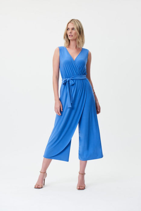Joseph Ribkoff Style 232247 Blue Iris Belted Wrap Front Cropped Wide-Leg Jumpsuit
