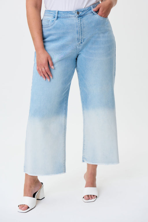 Joseph Ribkoff Style 232937 Blue/Light Blue Dip-Dyed High-Rise Frayed Cropped Wide-Leg Jeans
