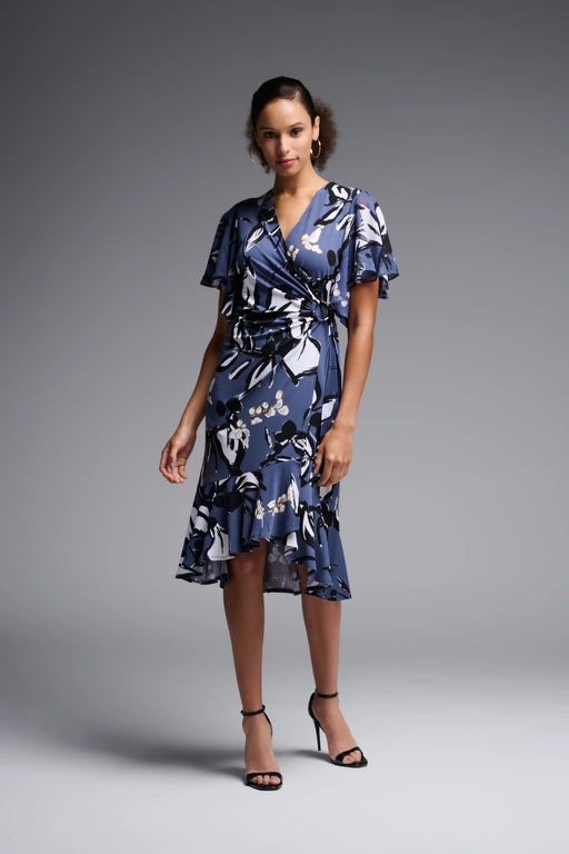 Joseph Ribkoff Style 231768 Blue/Multi Floral Print Flutter Sleeve Faux Wrap Dress
