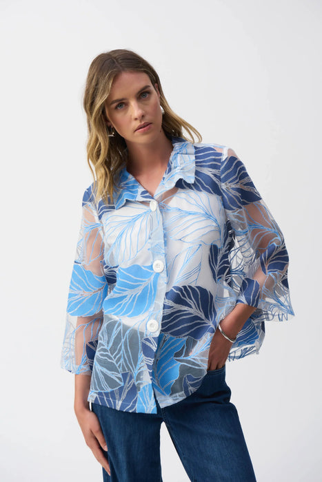 Joseph Ribkoff Style 251135 Blue/Multi Leaf Print Sheer 3/4 Sleeve Jacket