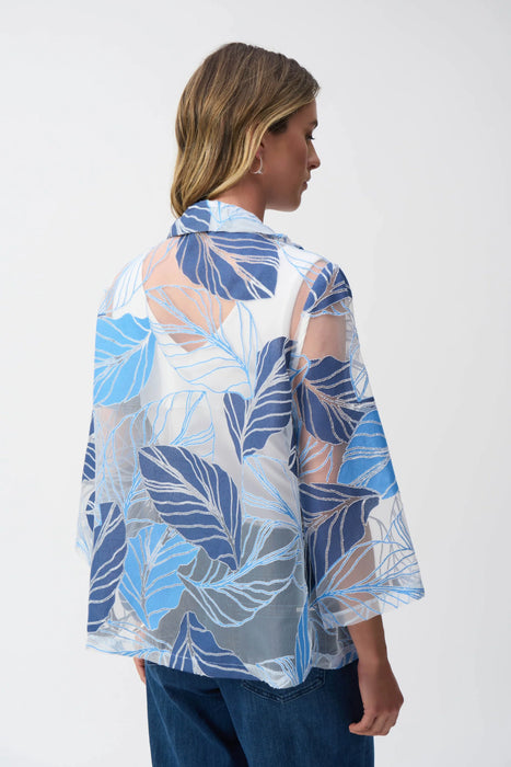 Joseph Ribkoff Blue/Multi Leaf Print Sheer 3/4 Sleeve Jacket 251135