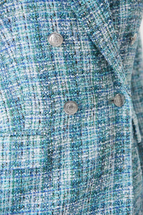 Joseph Ribkoff Blue/Multi Plaid Double-Breasted Tweed Blazer Jacket 232924