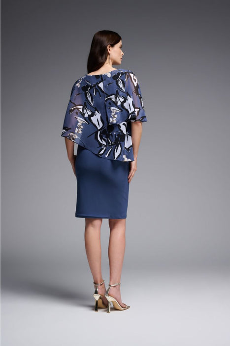 Joseph Ribkoff Blue/Multi Printed Asymmetric Sheer Overlay Sheath Dress 231731
