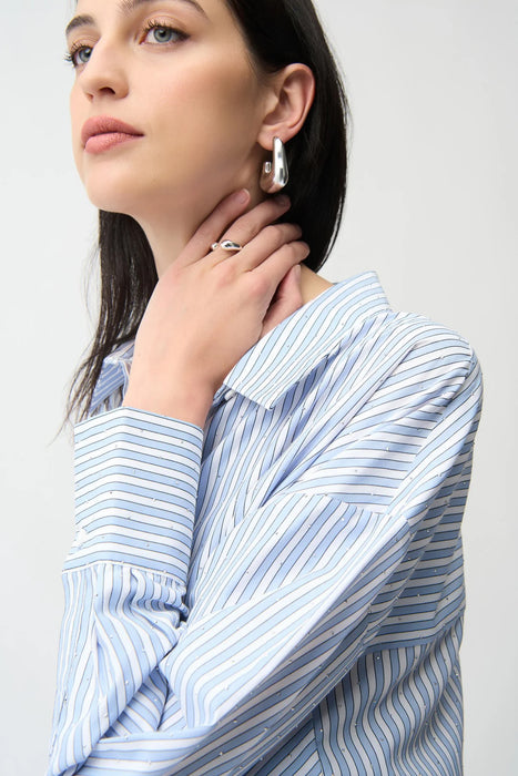 Joseph Ribkoff Blue/Vanilla Striped Embellished Boxy Shirt 261931
