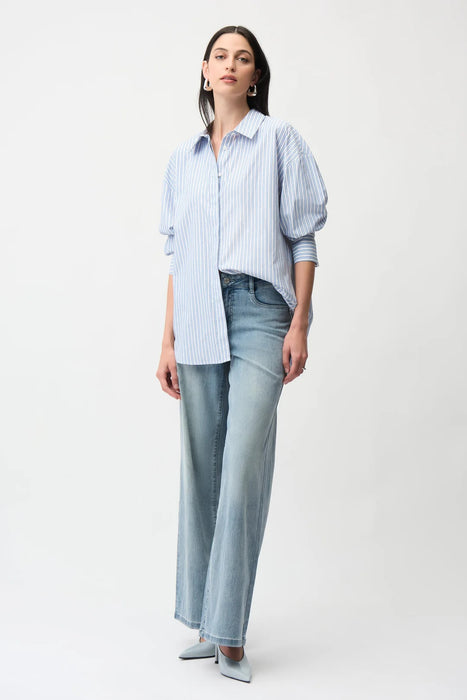 Joseph Ribkoff Blue/Vanilla Striped Embellished Boxy Shirt 261931