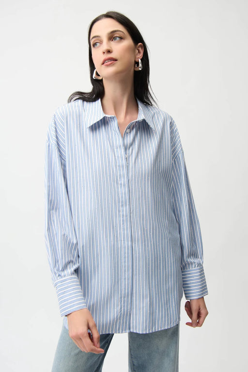 Joseph Ribkoff 261931 Blue/Vanilla Collared Striped Long Sleeve Blouse