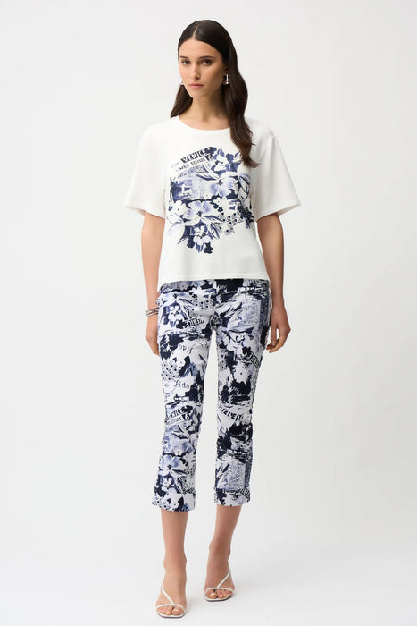 Joseph Ribkoff Blue/Vanilla Floral Graphic Pull-On Crop Pants 261187