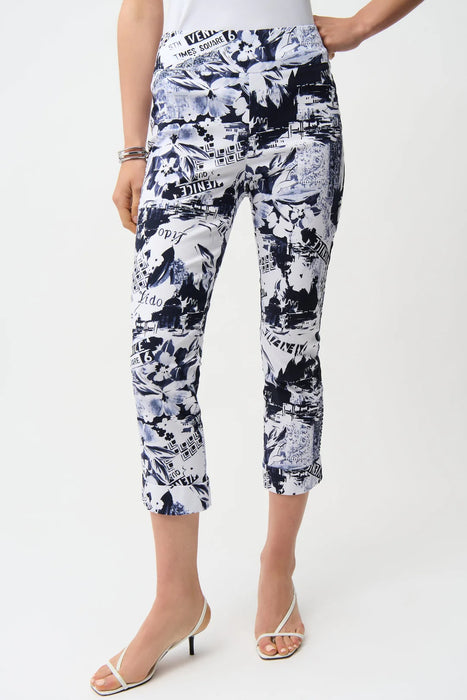 Joseph Ribkoff 261187 Blue/Vanilla Conversational Print Pull-On Crop Pants