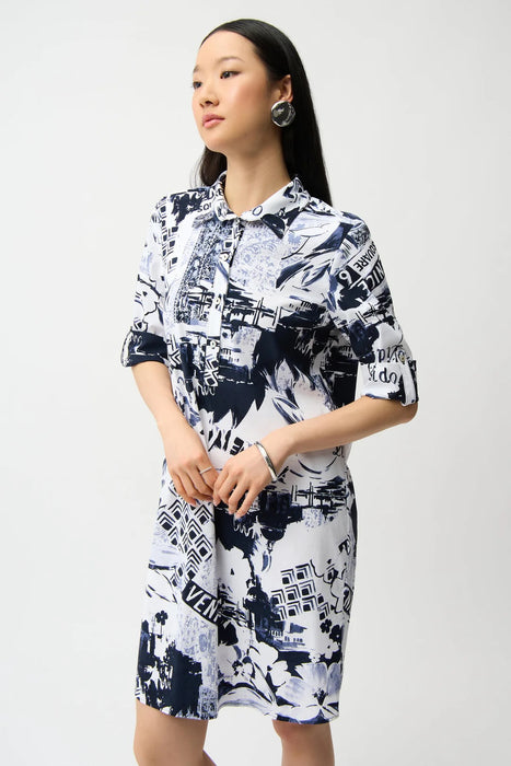 Joseph Ribkoff Blue/Vanilla Floral Graphic Shirt Dress 261048